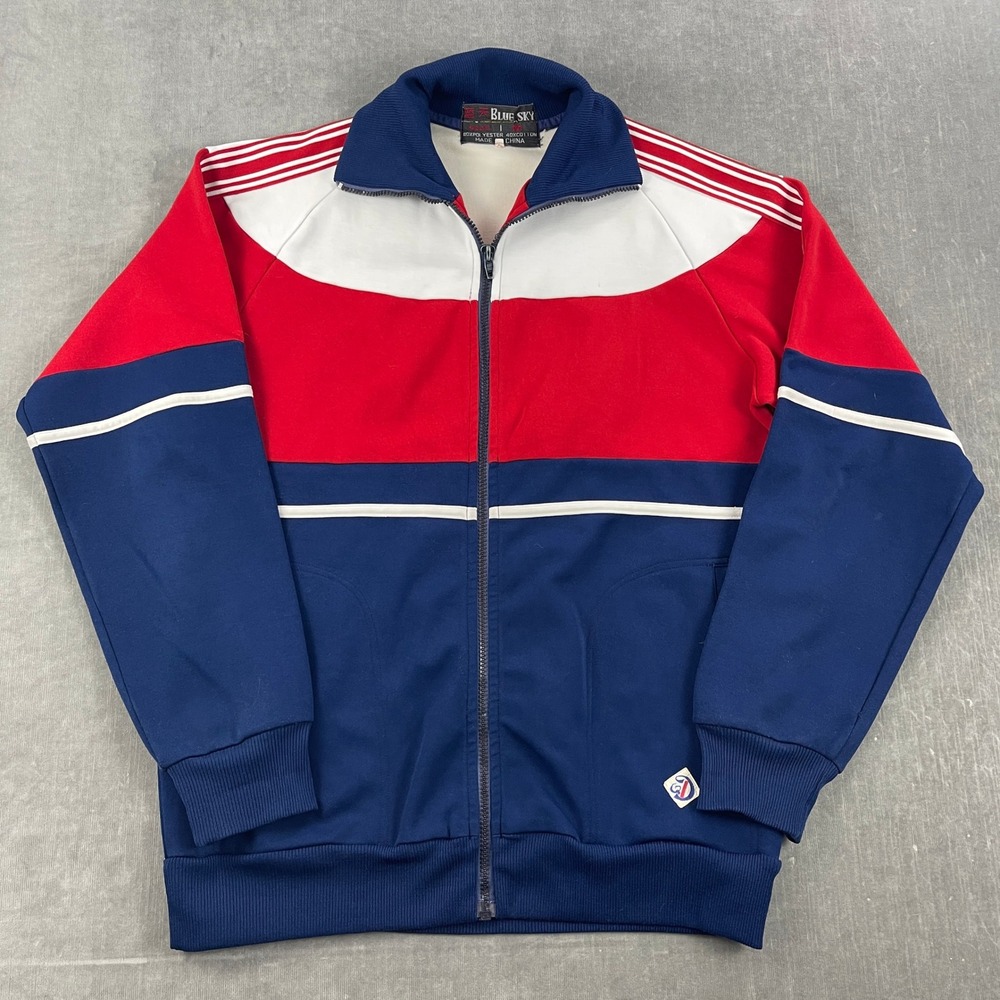 Blue Sky Mens‎ Medium Red White Blue Track Jacket Colorblock Full Zip Vintage